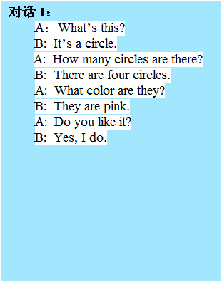 �ı���: �Ի� 1��
A��What��s this?
B:&nbsp; It��s a circle.
A:&nbsp; How many circles are there?
B:&nbsp; There are four circles.
A:&nbsp; What color are they?
B:&nbsp; They are pink.
A:&nbsp; Do you like it?
B:&nbsp; Yes, I do.
&nbsp;
&nbsp;
&nbsp;
